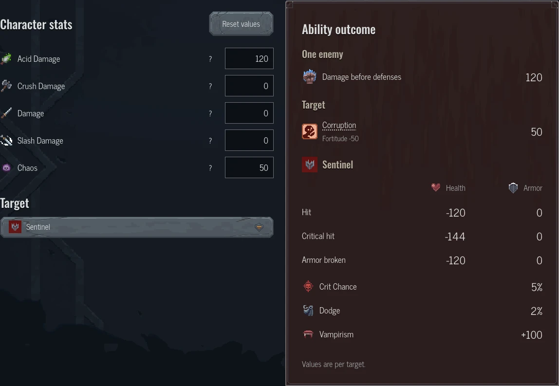 Ray of Corruption with Witch preset values and separate damage and Corruption results