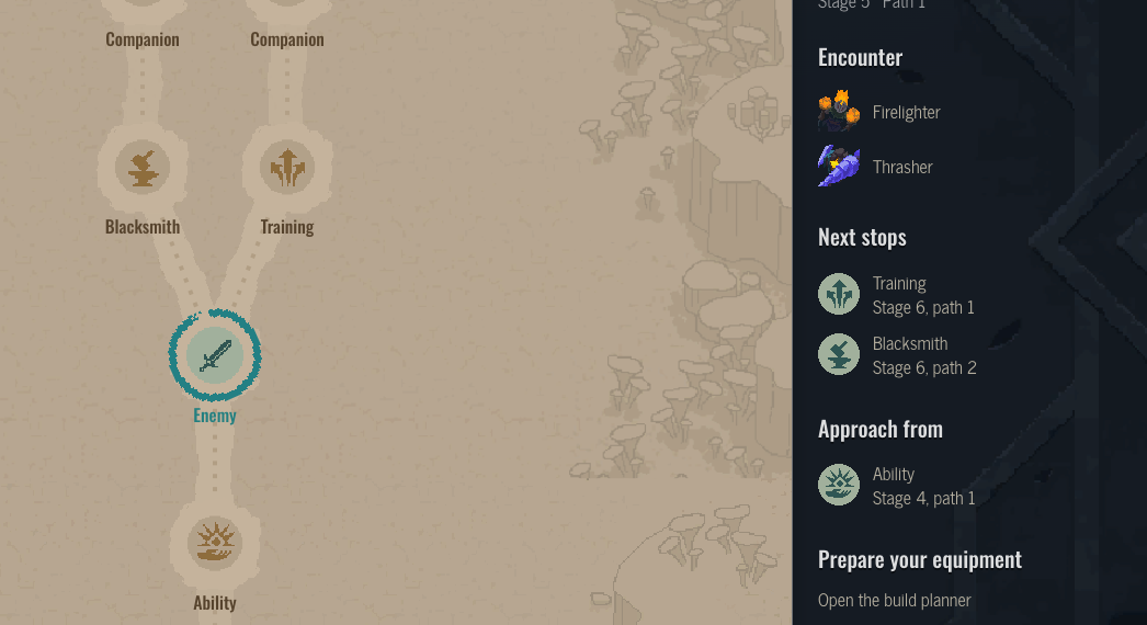 The Wildlands stage-five fork showing Training and Blacksmith as connected next stops