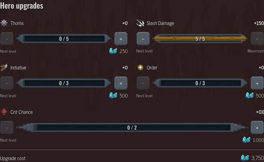 Warrior upgrade row at its maximum selected level
