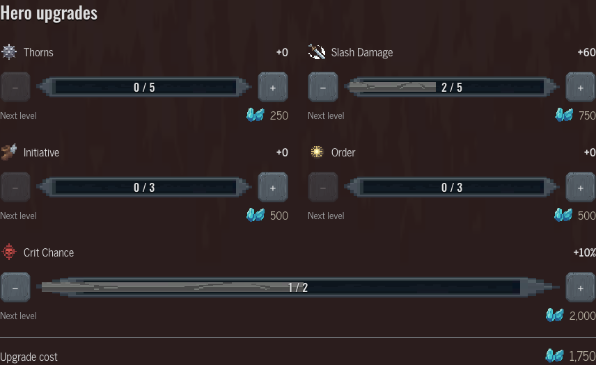 Two Warrior Slash Damage levels and one Crit Chance level selected with their combined cost